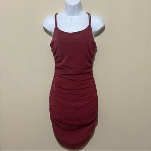 Burgundy Sparkly Ruched Mini Dress